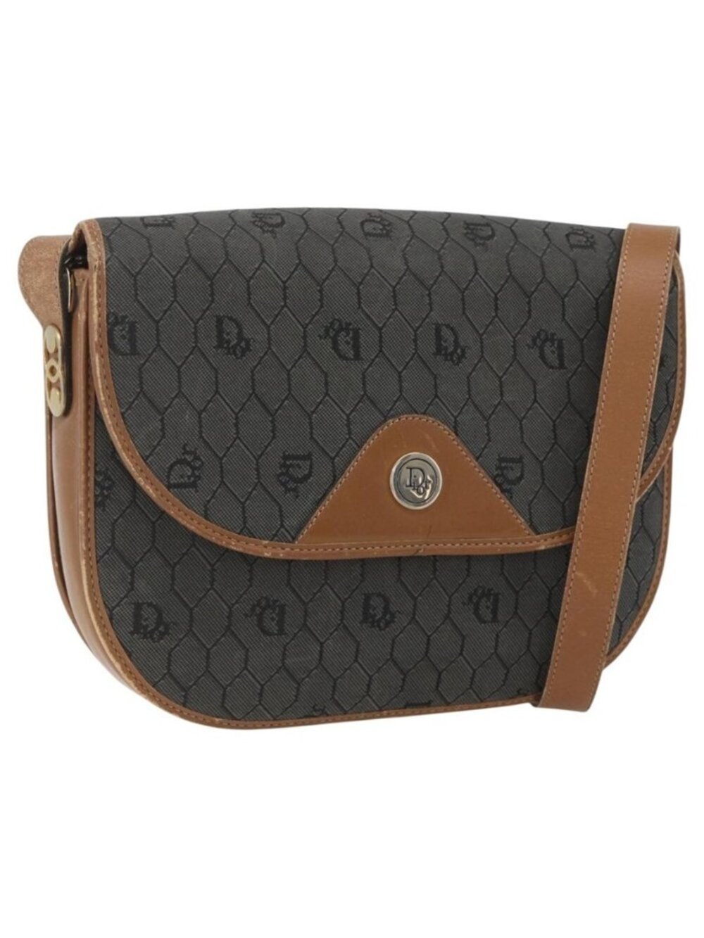 Authentic Christian Dior Honeycomb Canvas Shoulder Bag PVC Gray Gold